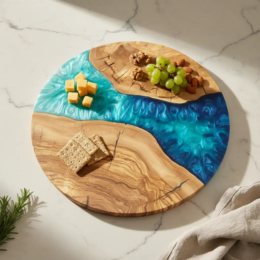 Ocean Passage – Handmade Olive Wood & Epoxy Resin Round Serving Board KitchenResinArt